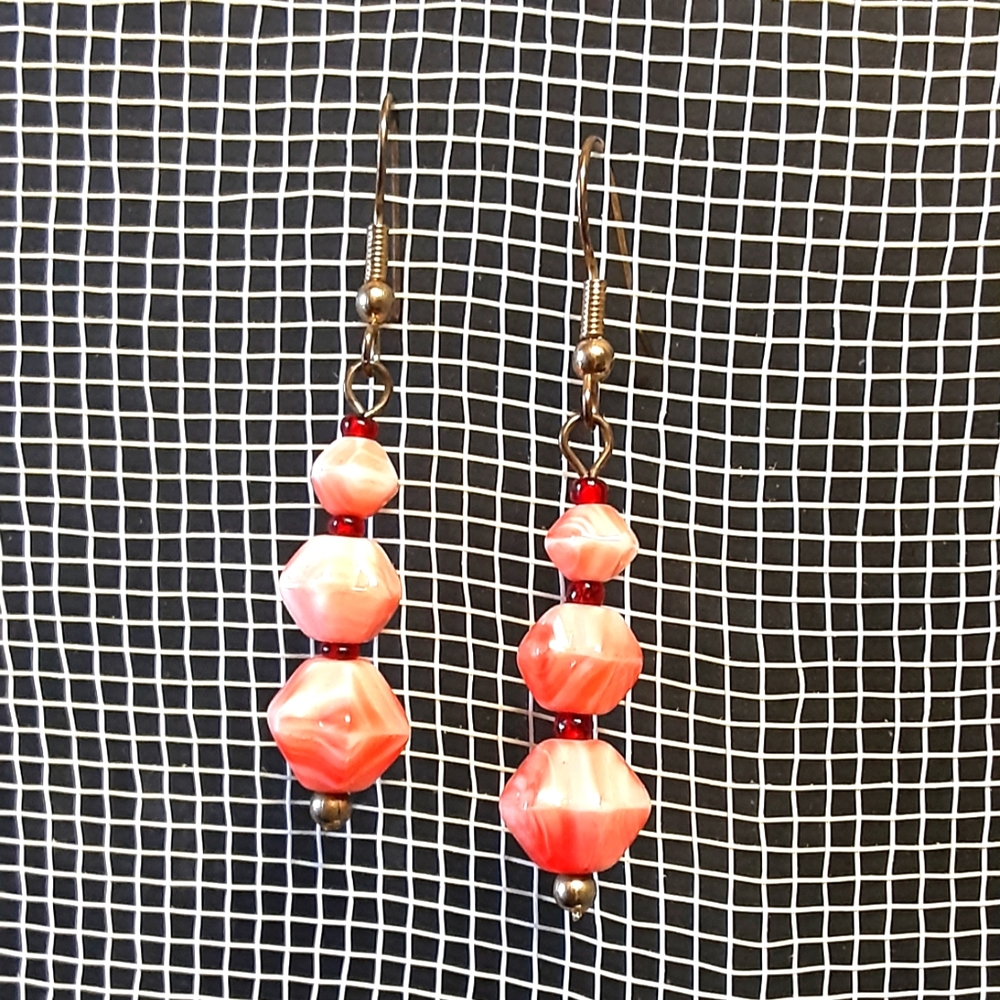 Beaded Earrings Orange & White Swirl Beads Gold Tone Hooks